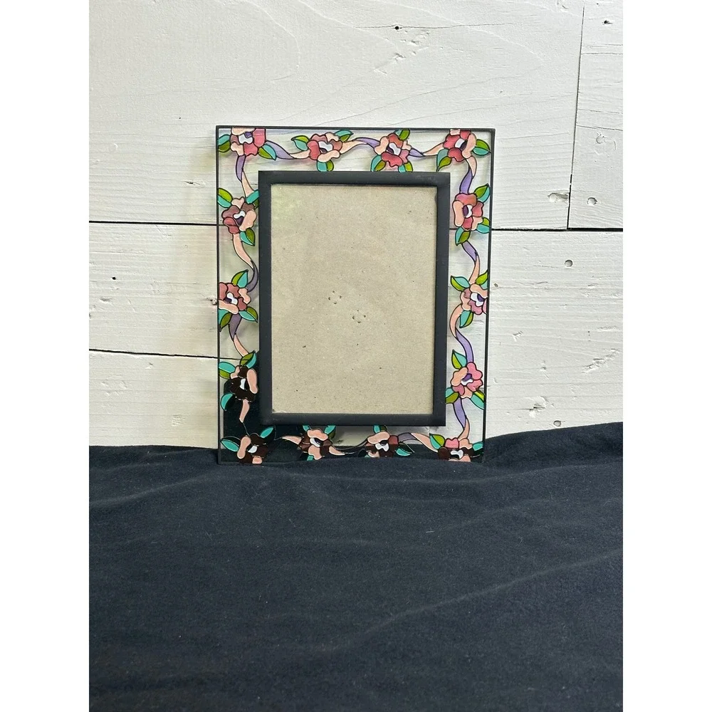 Hand painted Stained Glass Style Floral Picture Frame Pink Brown Flowers 5x7